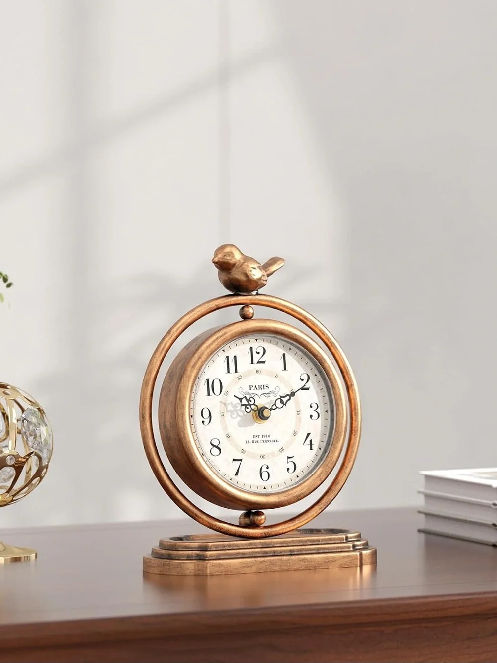 Paris Bird Table Clock in Antique Gold - Home Wall Decor